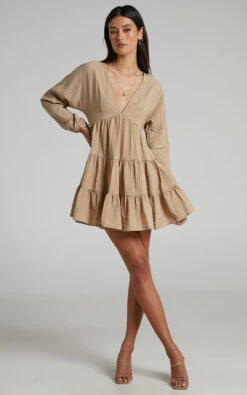 Showpo Lorraina V Neck Tiered Long Sleeve Mini Dress In MOCHA