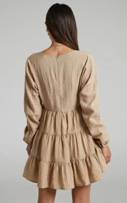 Showpo Lorraina V Neck Tiered Long Sleeve Mini Dress In MOCHA -Showpo Women's Clothing Store Lorraina Long Sleeve Mini Dress in MOCHA 2528SD22050029012529 5