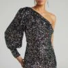 Showpo Luecia Asymmetric One Shoulder Puff Sleeve Mini Dress In Multi Sequin