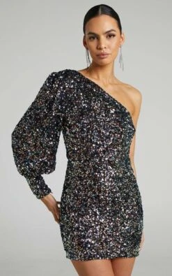 Showpo Luecia Asymmetric One Shoulder Puff Sleeve Mini Dress In Multi Sequin