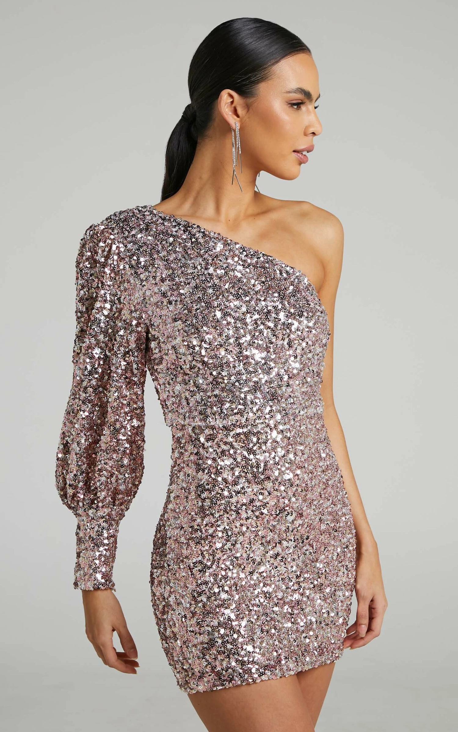 Showpo Luecia Asymmetric One Shoulder Puff Sleeve Mini Dress In Pink Sequin 5 Showpo Luecia Asymmetric One Shoulder Puff Sleeve Mini Dress In Pink Sequin - Image 5
