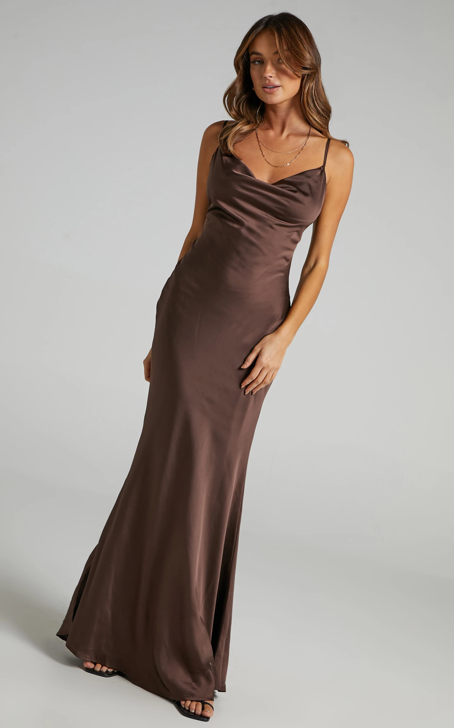 Showpo Lunaria Cowl Mermaid Maxi Slip Dress In Chocolate Satin 7 Showpo Lunaria Cowl Mermaid Maxi Slip Dress In Chocolate Satin - Image 7