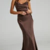 Showpo Lunaria Cowl Mermaid Maxi Slip Dress In Chocolate Satin