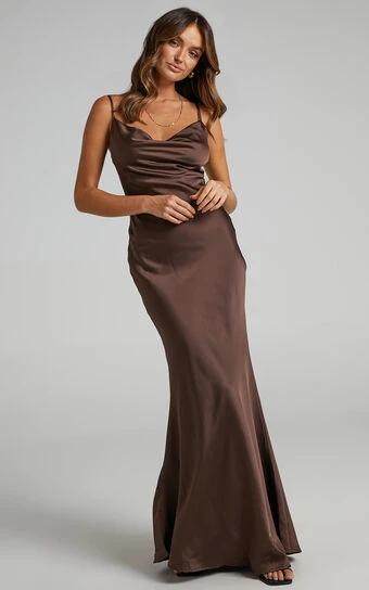 Showpo Lunaria Cowl Mermaid Maxi Slip Dress In Chocolate Satin 1 Showpo Lunaria Cowl Mermaid Maxi Slip Dress In Chocolate Satin