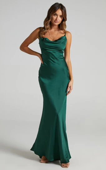 Showpo Lunaria Cowl Mermaid Maxi Slip Dress In Emerald Satin 1 Showpo Lunaria Cowl Mermaid Maxi Slip Dress In Emerald Satin