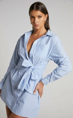 Showpo Macie Mini Dress - Tie Front Shirt Dress In Blue 11 Showpo Macie Mini Dress - Tie Front Shirt Dress In Blue -Showpo Women's Clothing Store MACIE MINI DRESS TIE FRONT SHIRT DRESS IN BLUE 8