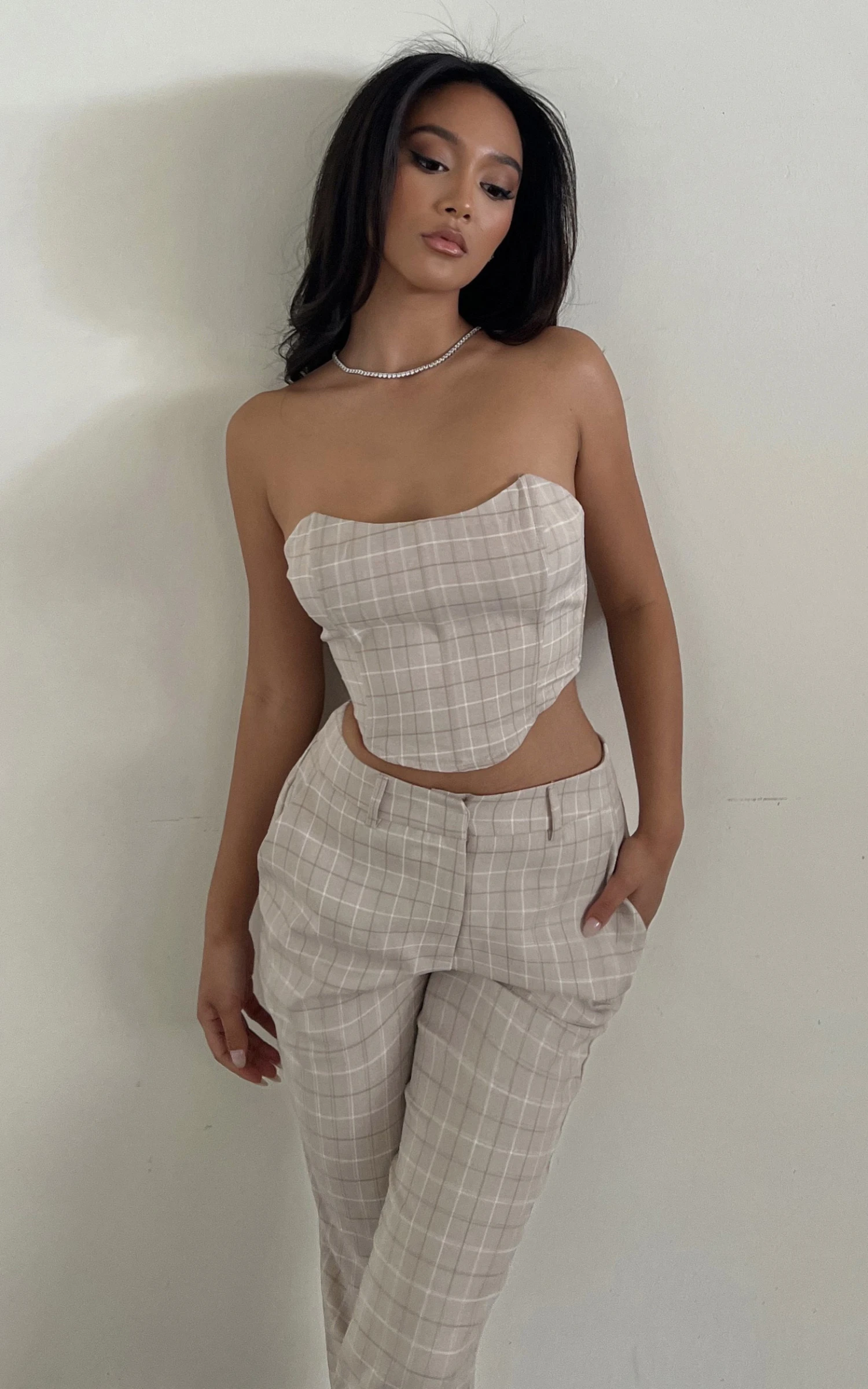 Showpo Maddiline Strapless Corset In Sand Check 2 Showpo Maddiline Strapless Corset In Sand Check - Image 2