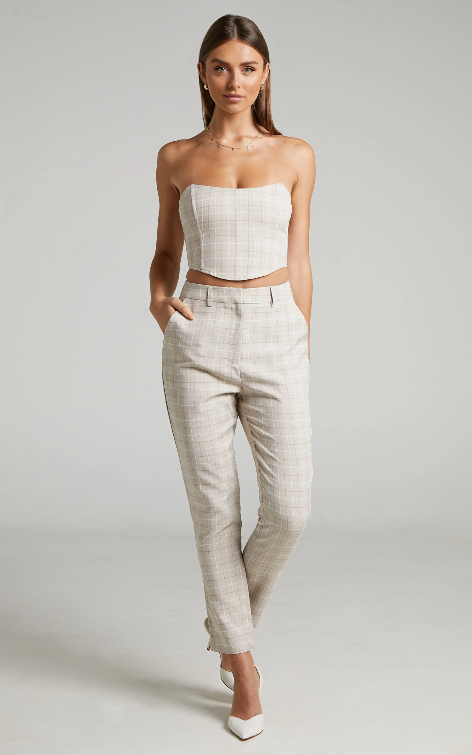 Showpo Maddiline Strapless Corset In Sand Check 4 Showpo Maddiline Strapless Corset In Sand Check - Image 4