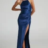 Showpo Malornan High Neck Ruched Maxi Dress In Navy