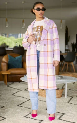 Showpo Mariam Double Breasted Coat In Purple Check