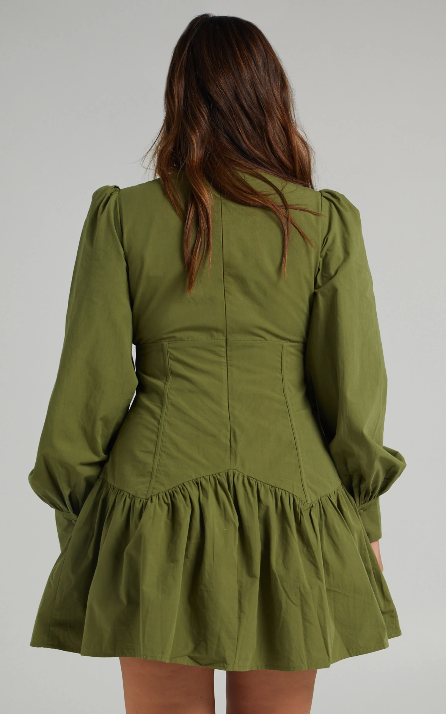 Showpo Carlyle Long Sleeve Mini Dress With Corset Detailing In Khaki 8 Showpo Carlyle Long Sleeve Mini Dress With Corset Detailing In Khaki - Image 8