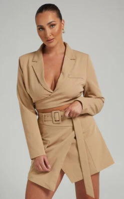 Showpo Valeria Asymmetric Mini Skirt In Camel