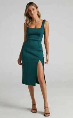 Showpo Mini Love Square Neck Split Midi Dress In Emerald