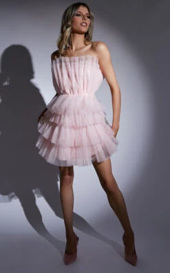 Showpo Allora Tiered Tulle Fit And Flare Mini Dress In Pale Pink