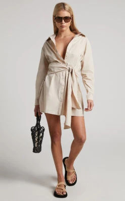 Showpo Macie Mini Dress - Tie Front Shirt Dress In Sand 9 Showpo Macie Mini Dress - Tie Front Shirt Dress In Sand -Showpo Women's Clothing Store Macie Mini Dress Tie Front Shirt Dress in Sand 2528SD21050051032529