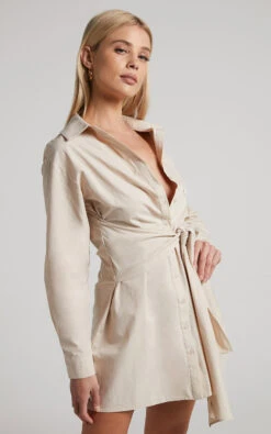 Showpo Macie Mini Dress - Tie Front Shirt Dress In Sand 10 Showpo Macie Mini Dress - Tie Front Shirt Dress In Sand -Showpo Women's Clothing Store Macie Mini Dress Tie Front Shirt Dress in Sand 2528SD21050051032529 8