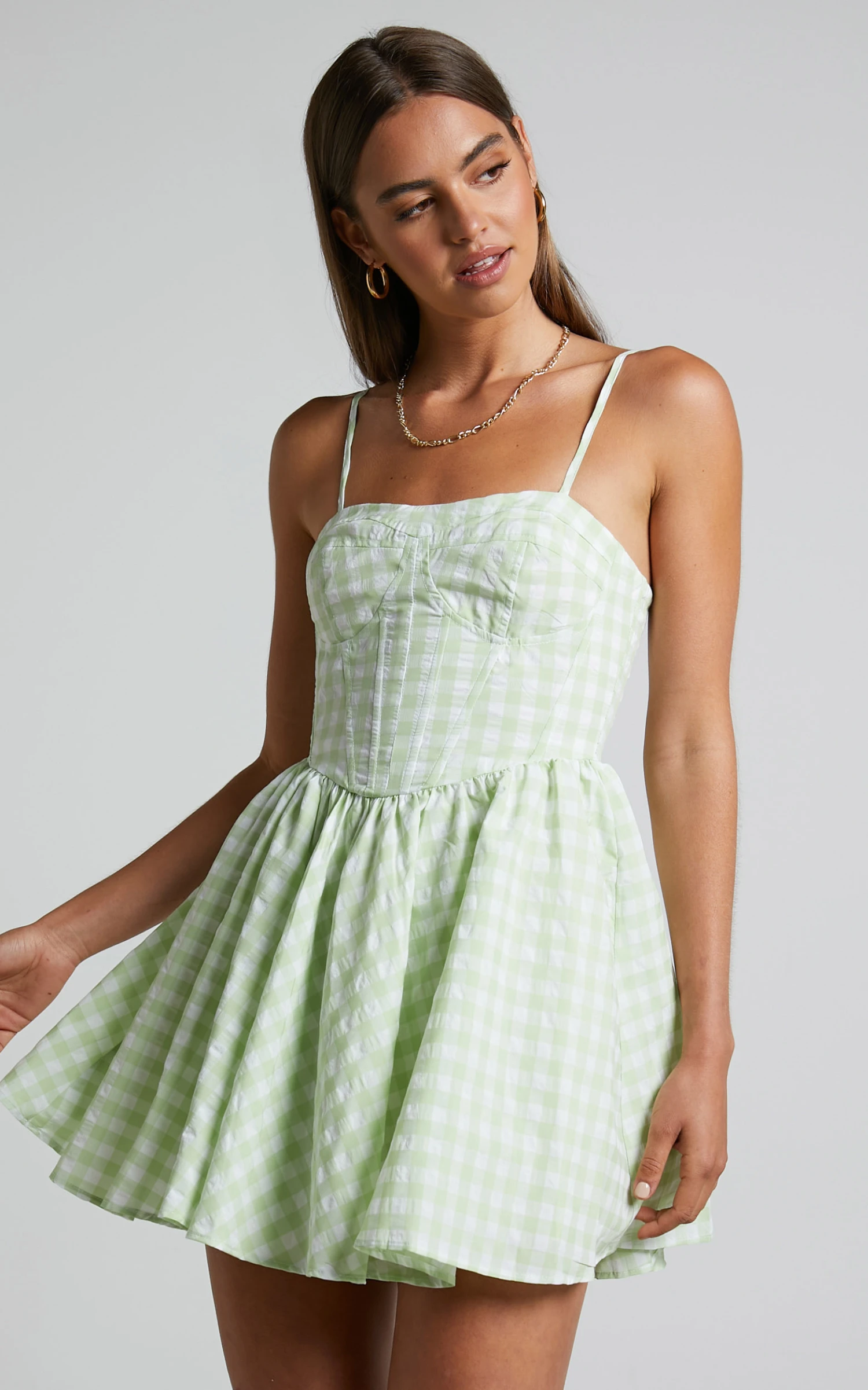Showpo Madelyn Mini Dress - Fit And Flare Corset Dress In Mint Green Gingham 2 Showpo Madelyn Mini Dress - Fit And Flare Corset Dress In Mint Green Gingham - Image 2