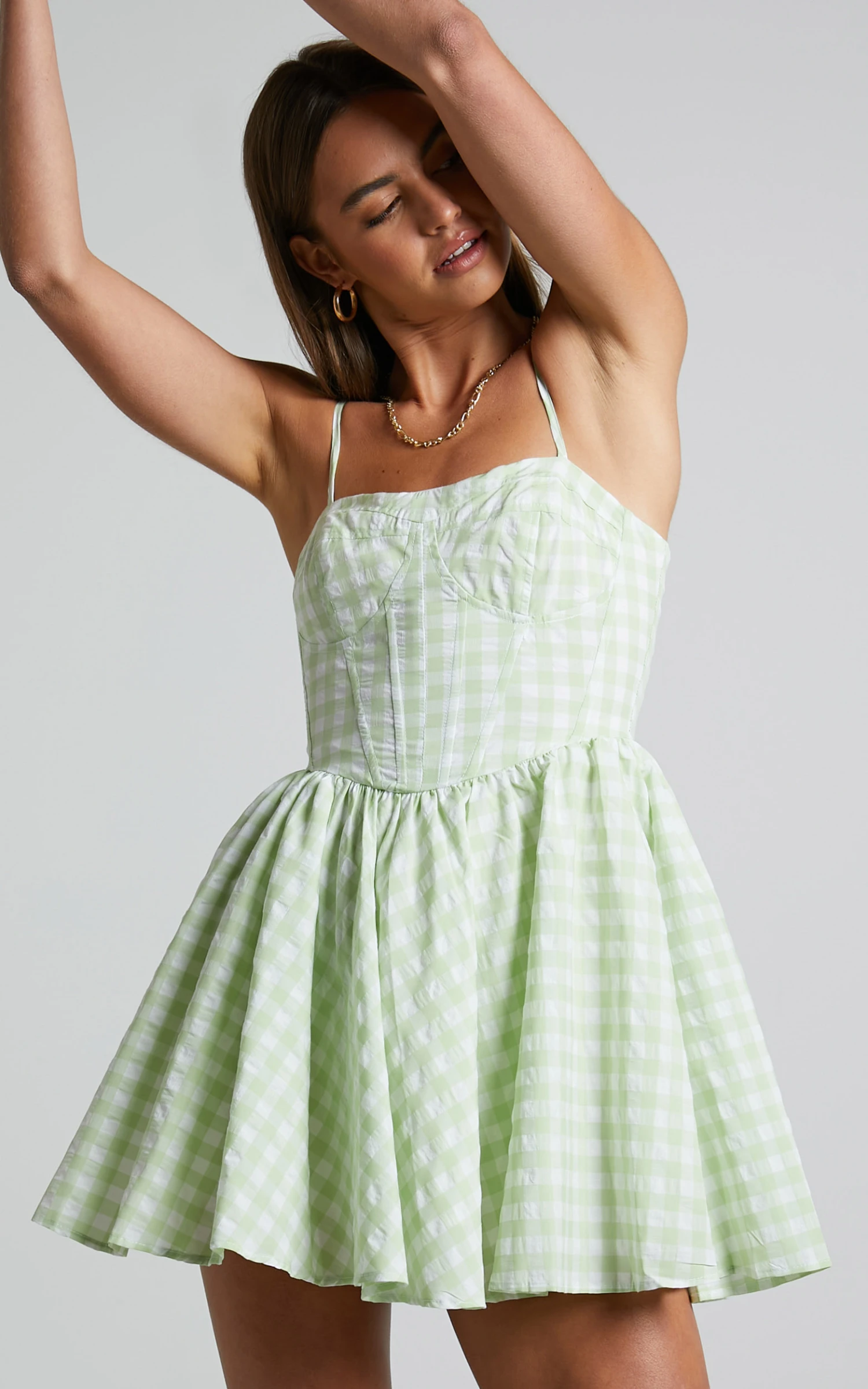 Showpo Madelyn Mini Dress - Fit And Flare Corset Dress In Mint Green Gingham 4 Showpo Madelyn Mini Dress - Fit And Flare Corset Dress In Mint Green Gingham - Image 4