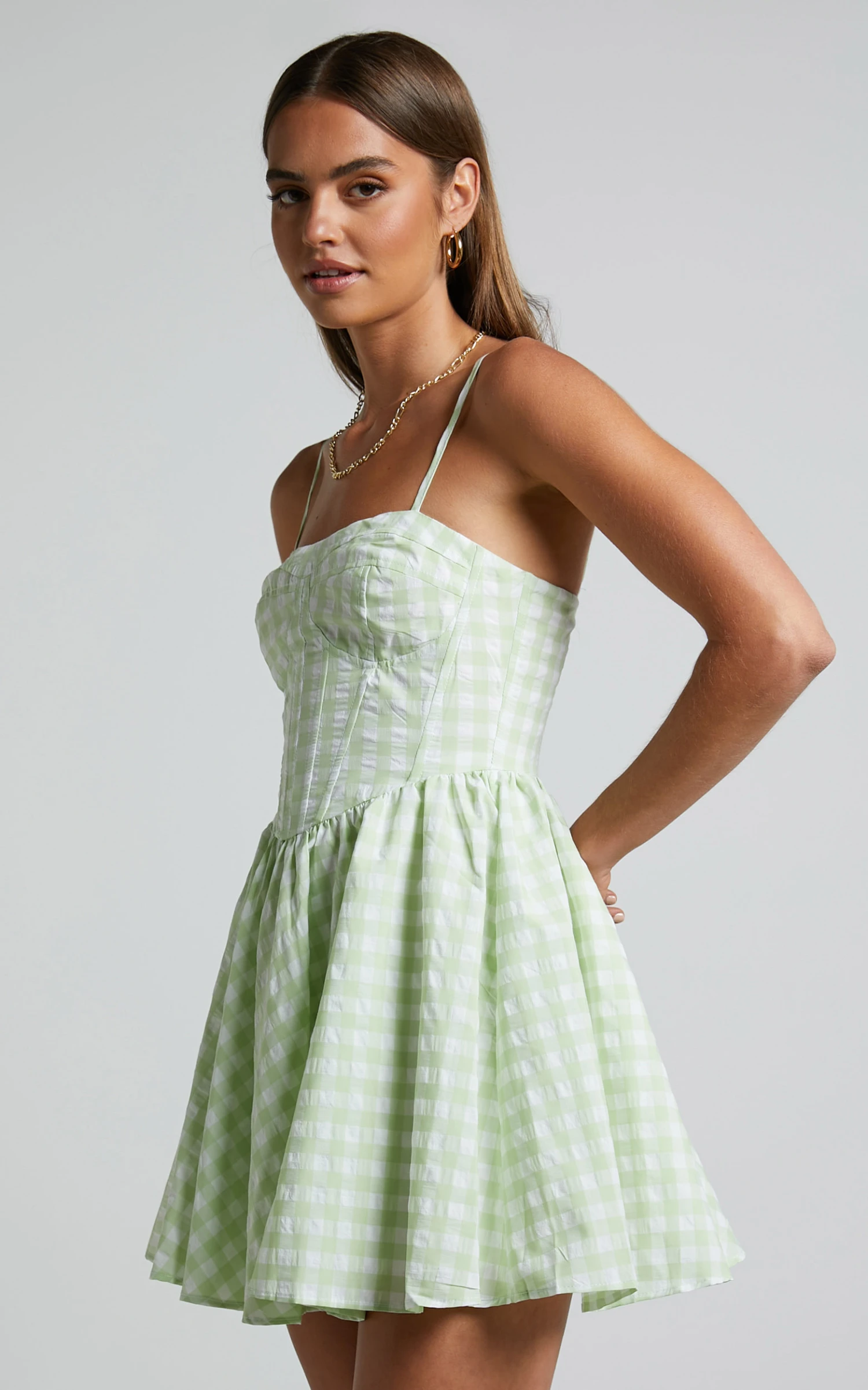 Showpo Madelyn Mini Dress - Fit And Flare Corset Dress In Mint Green Gingham 5 Showpo Madelyn Mini Dress - Fit And Flare Corset Dress In Mint Green Gingham - Image 5