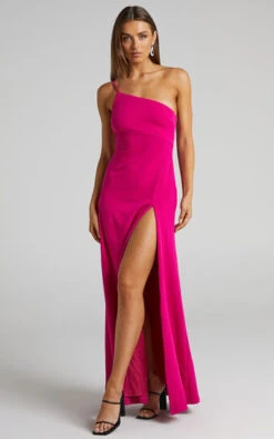 Showpo Magnaye Maxi Dress - One Shoulder Thigh Split Dress In Pink Stretch Crepe