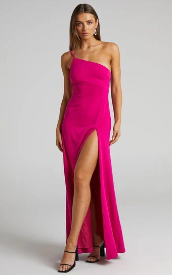 Showpo Magnaye Maxi Dress - One Shoulder Thigh Split Dress In Pink Stretch Crepe 1 Showpo Magnaye Maxi Dress - One Shoulder Thigh Split Dress In Pink Stretch Crepe