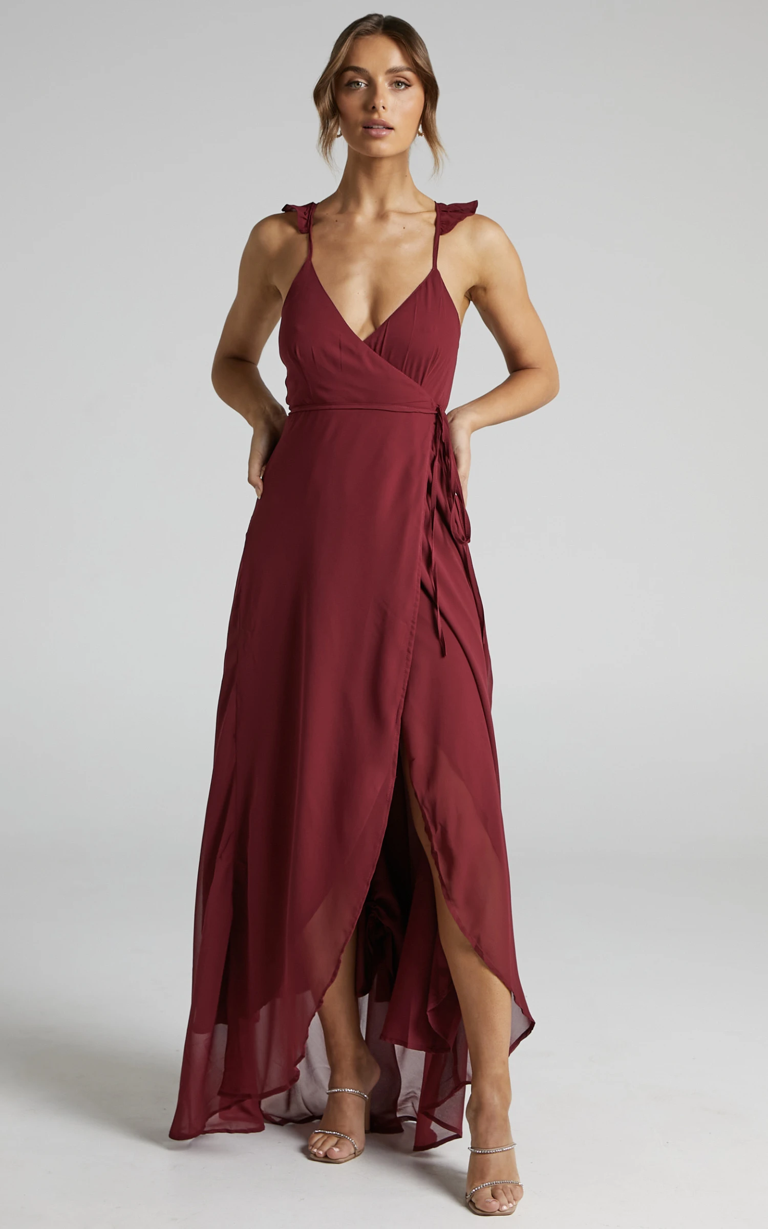 Showpo Maibelle Frill Shoulder Wrap Dress Maxi Dress In Wine 3 Showpo Maibelle Frill Shoulder Wrap Dress Maxi Dress In Wine - Image 3