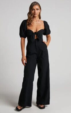Showpo Maja Front Tie Off Shoulder Jumpsuit In Black