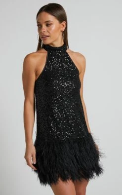 Showpo Malisha High Neck Faux Feather Mini Dress In Black 14 Showpo Malisha High Neck Faux Feather Mini Dress In Black -Showpo Women's Clothing Store Malisha High Neck Faux Feather Mini Dress in Black 1