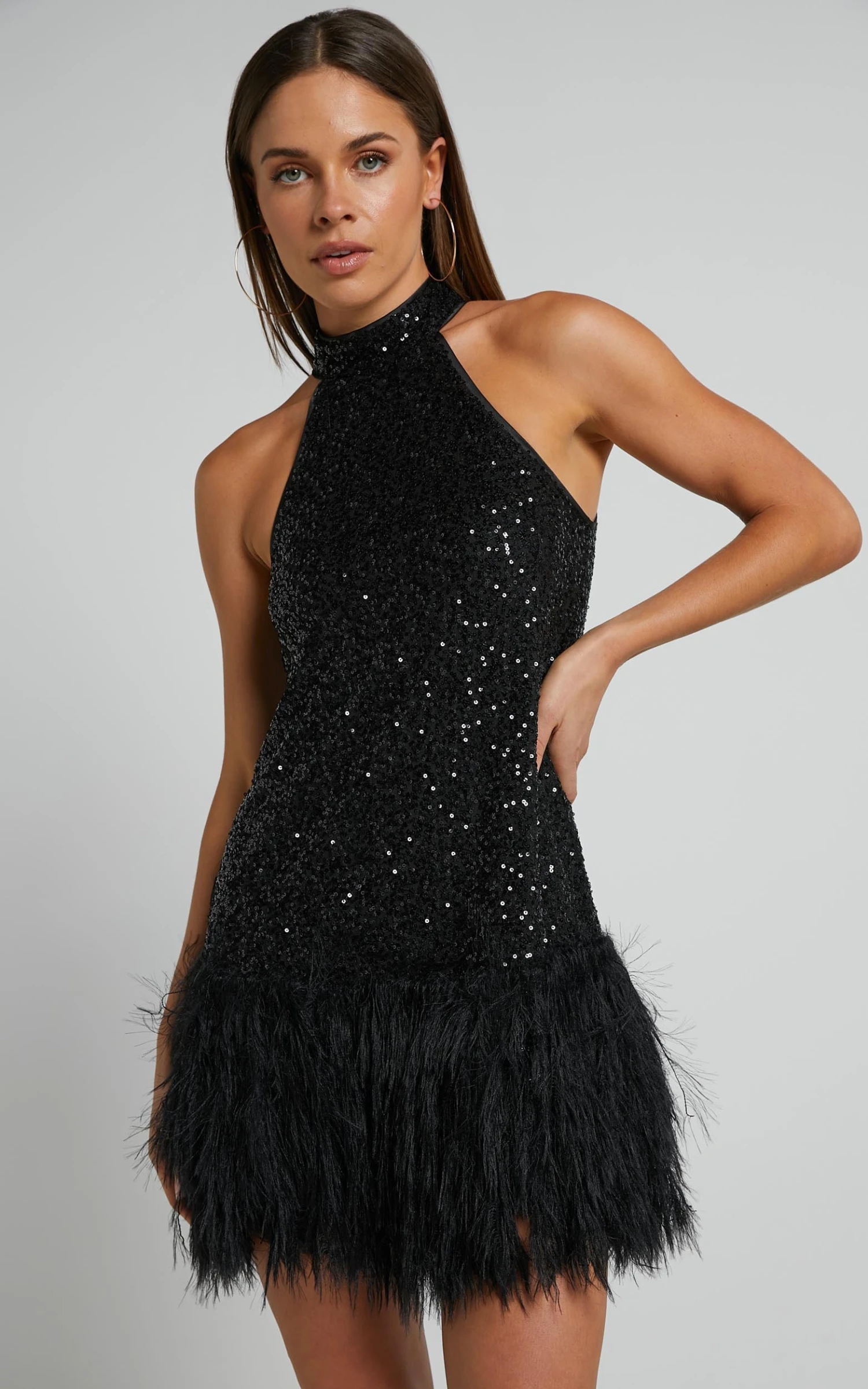 Showpo Malisha High Neck Faux Feather Mini Dress In Black 2 Showpo Malisha High Neck Faux Feather Mini Dress In Black - Image 2