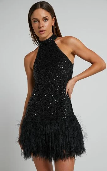 Showpo Malisha High Neck Faux Feather Mini Dress In Black 1 Showpo Malisha High Neck Faux Feather Mini Dress In Black