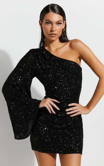 Showpo Malisha One Shoulder Flare Sleeve Mini Dress In Black Sequin 1 Showpo Malisha One Shoulder Flare Sleeve Mini Dress In Black Sequin