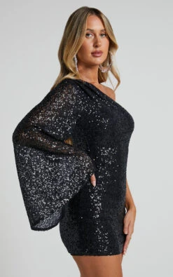 Showpo Malisha One Shoulder Flare Sleeve Mini Dress In Black Sequin 11 Showpo Malisha One Shoulder Flare Sleeve Mini Dress In Black Sequin -Showpo Women's Clothing Store Malisha One shoulder Flare Sleeve Mini Dress in Black 5