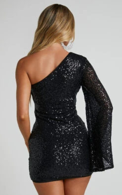 Showpo Malisha One Shoulder Flare Sleeve Mini Dress In Black Sequin 14 Showpo Malisha One Shoulder Flare Sleeve Mini Dress In Black Sequin -Showpo Women's Clothing Store Malisha One shoulder Flare Sleeve Mini Dress in Black 6