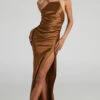 Showpo Malornan High Neck Ruched Maxi Dress In Toffee