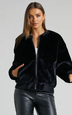 Showpo Mandy Faux Fur Bomber Jacket In Black