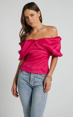 Showpo Marie Top - Off Shoulder Short Puff Sleeve In Hot Pink