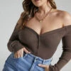 Showpo Mariz Off Shoulder Long Sleeve Bodysuit In Chocolate