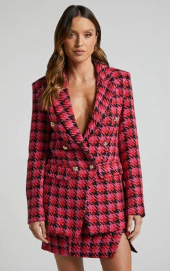 Showpo Marjoe Button Detail Blazer In Pink And Black Check