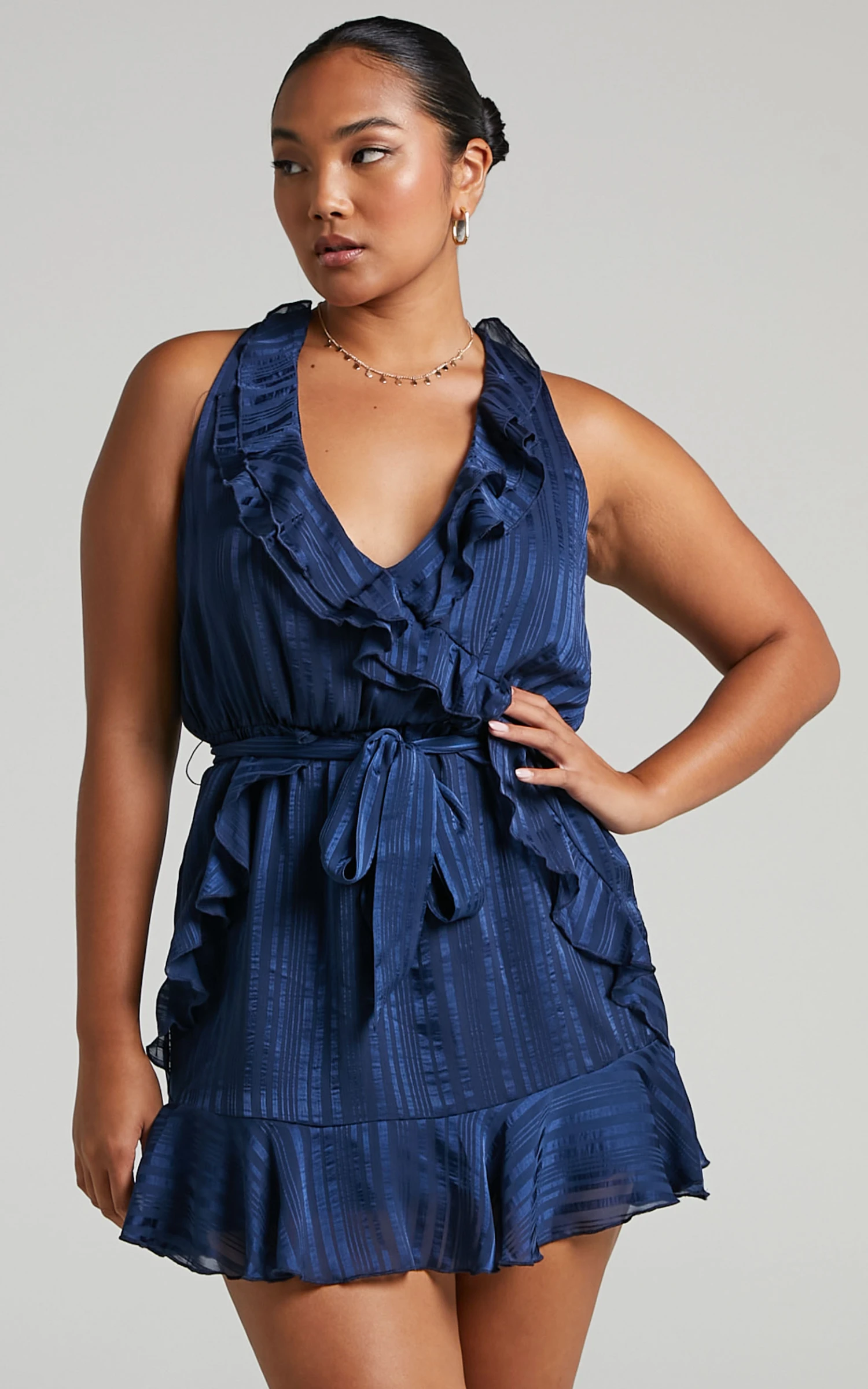 Showpo Marleigh Frill Detail Tie Back Mini Dress In Navy 5 Showpo Marleigh Frill Detail Tie Back Mini Dress In Navy - Image 5
