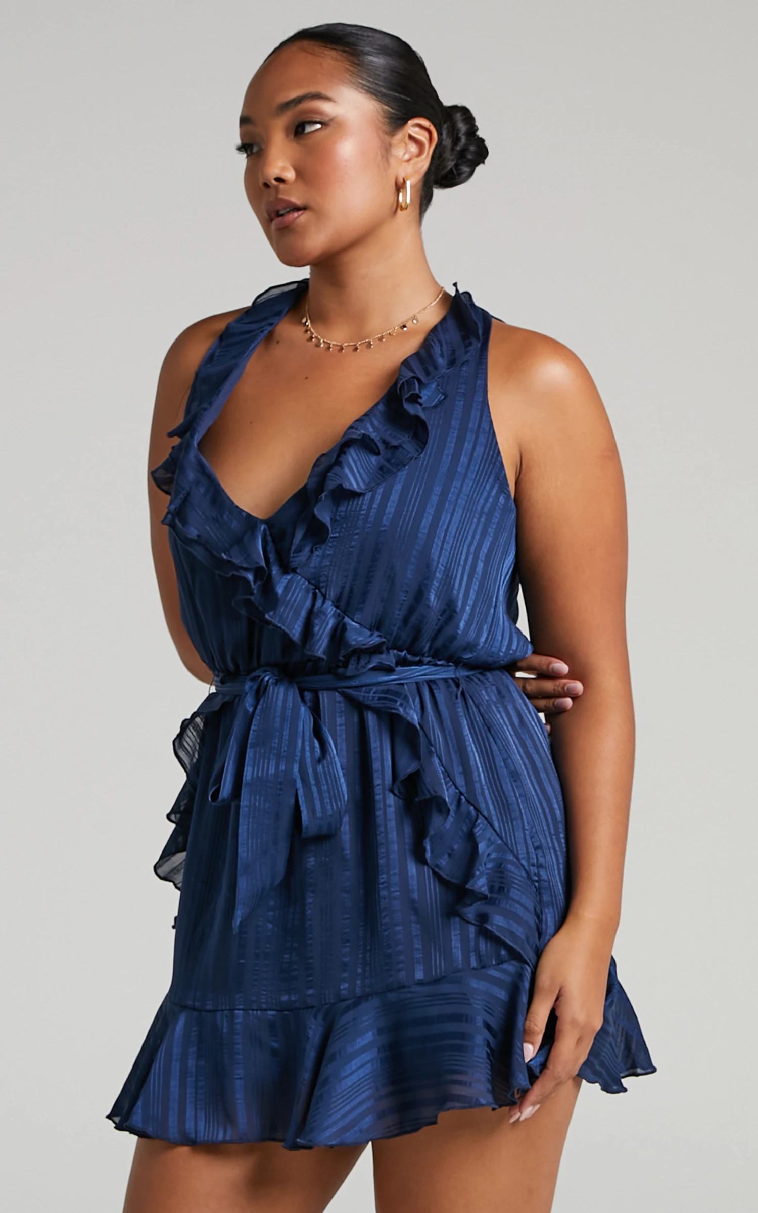 Showpo Marleigh Frill Detail Tie Back Mini Dress In Navy 6 Showpo Marleigh Frill Detail Tie Back Mini Dress In Navy - Image 6