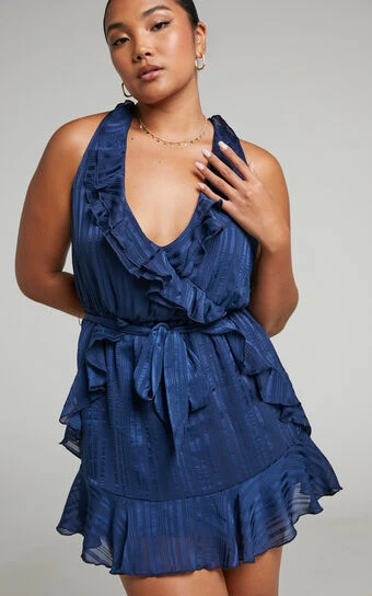 Showpo Marleigh Frill Detail Tie Back Mini Dress In Navy 1 Showpo Marleigh Frill Detail Tie Back Mini Dress In Navy