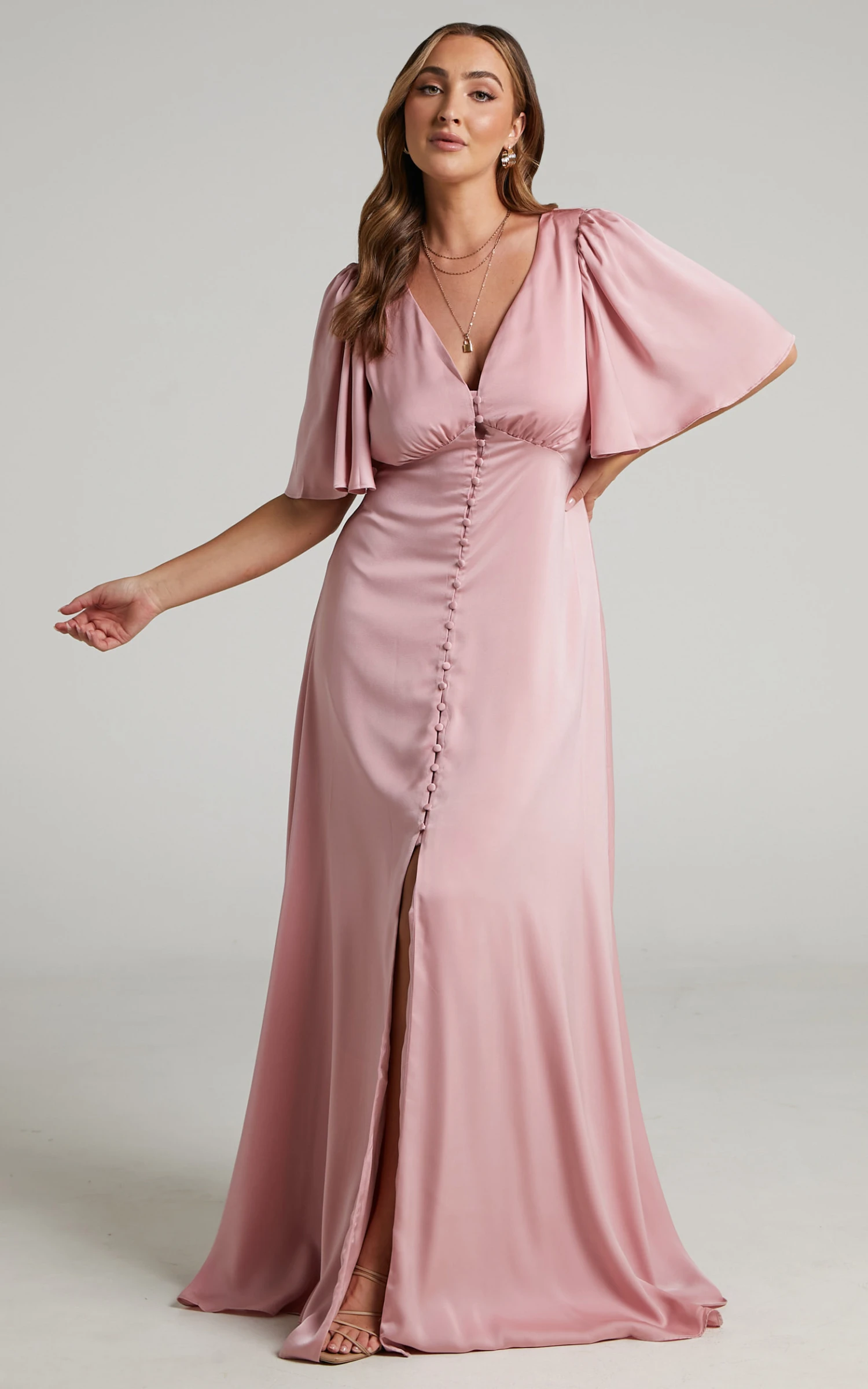 Showpo Maryam Maxi Dress - Button Front Flutter Sleeve Dress In Dusty Pink 5 Showpo Maryam Maxi Dress - Button Front Flutter Sleeve Dress In Dusty Pink - Image 5
