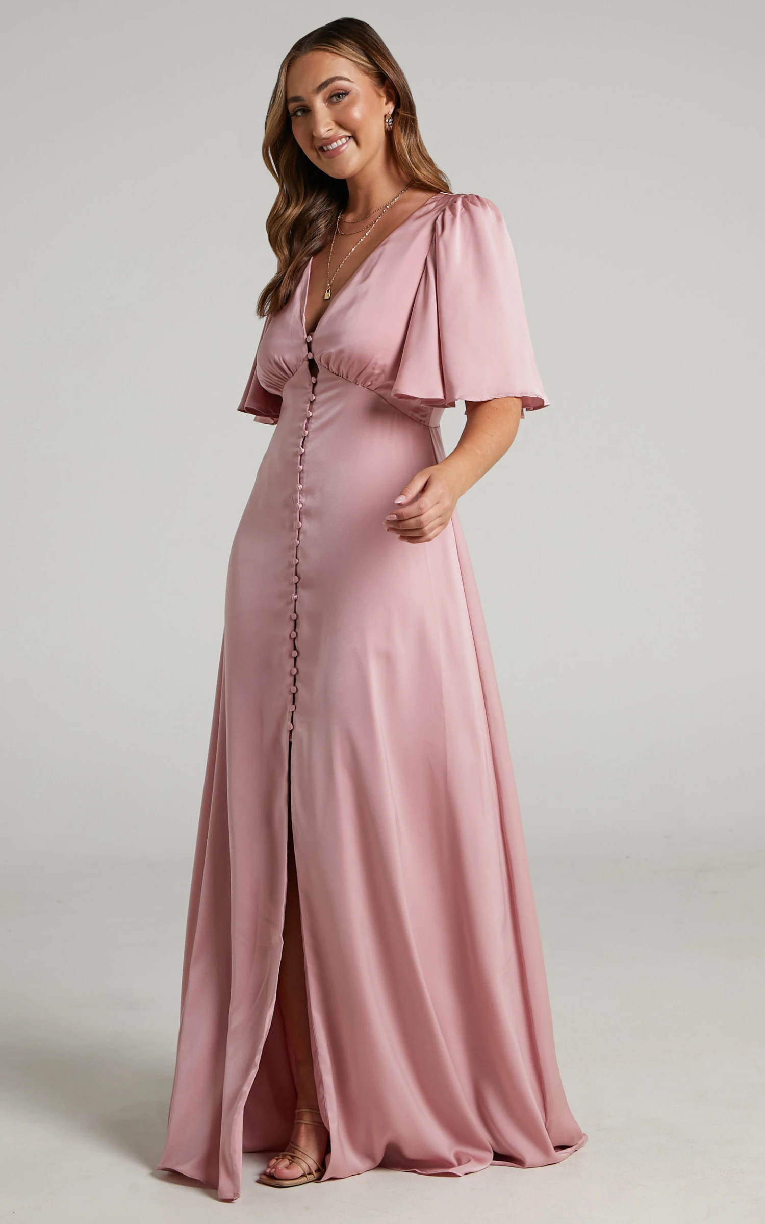 Showpo Maryam Maxi Dress - Button Front Flutter Sleeve Dress In Dusty Pink 4 Showpo Maryam Maxi Dress - Button Front Flutter Sleeve Dress In Dusty Pink - Image 4