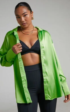 Showpo Matheresa Oversized Button Up Satin Shirt In Lime
