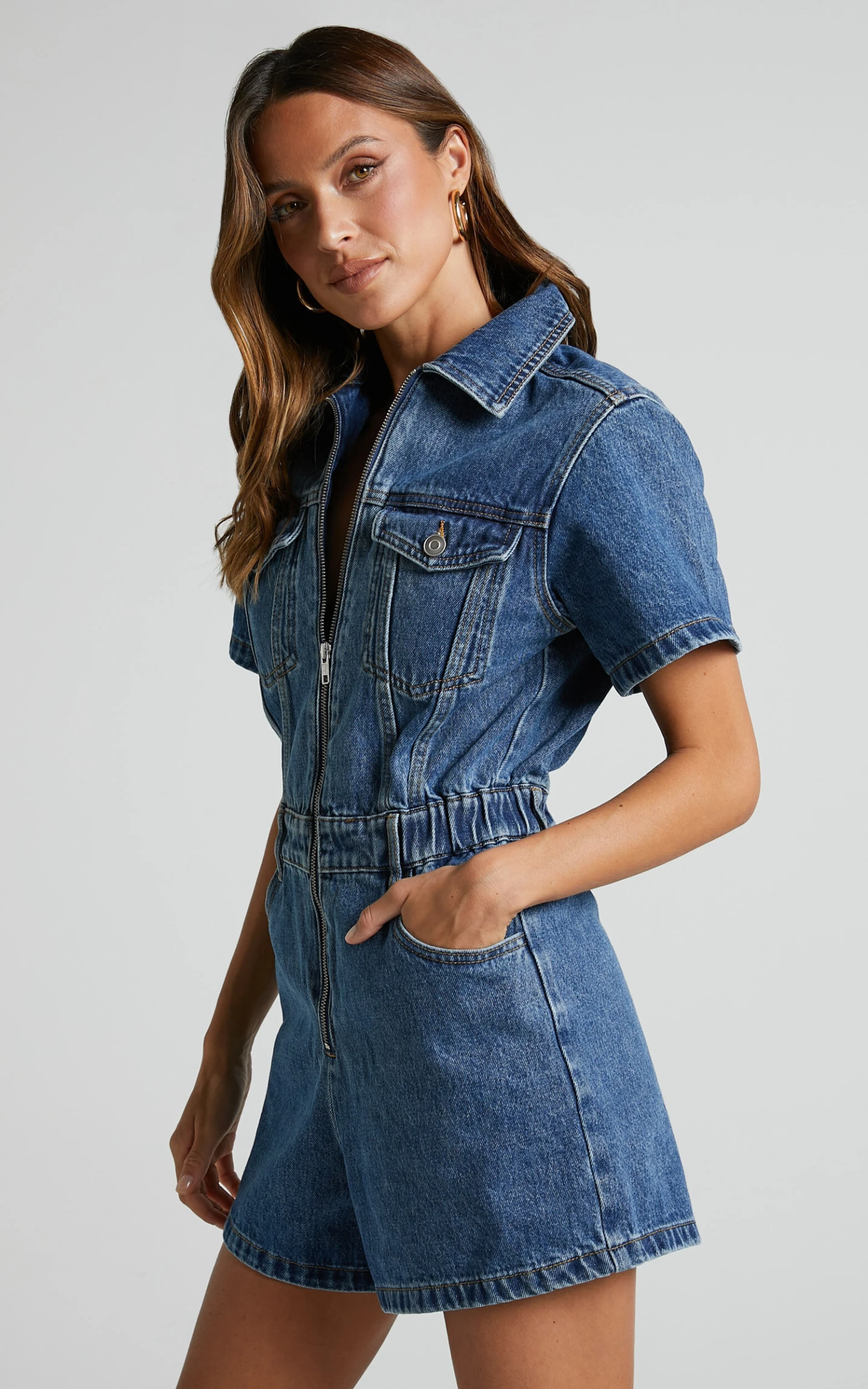 Showpo Mauriel Playsuit - Recycled Cotton Utility Playsuit In Dark Blue 5 Showpo Mauriel Playsuit - Recycled Cotton Utility Playsuit In Dark Blue - Image 5