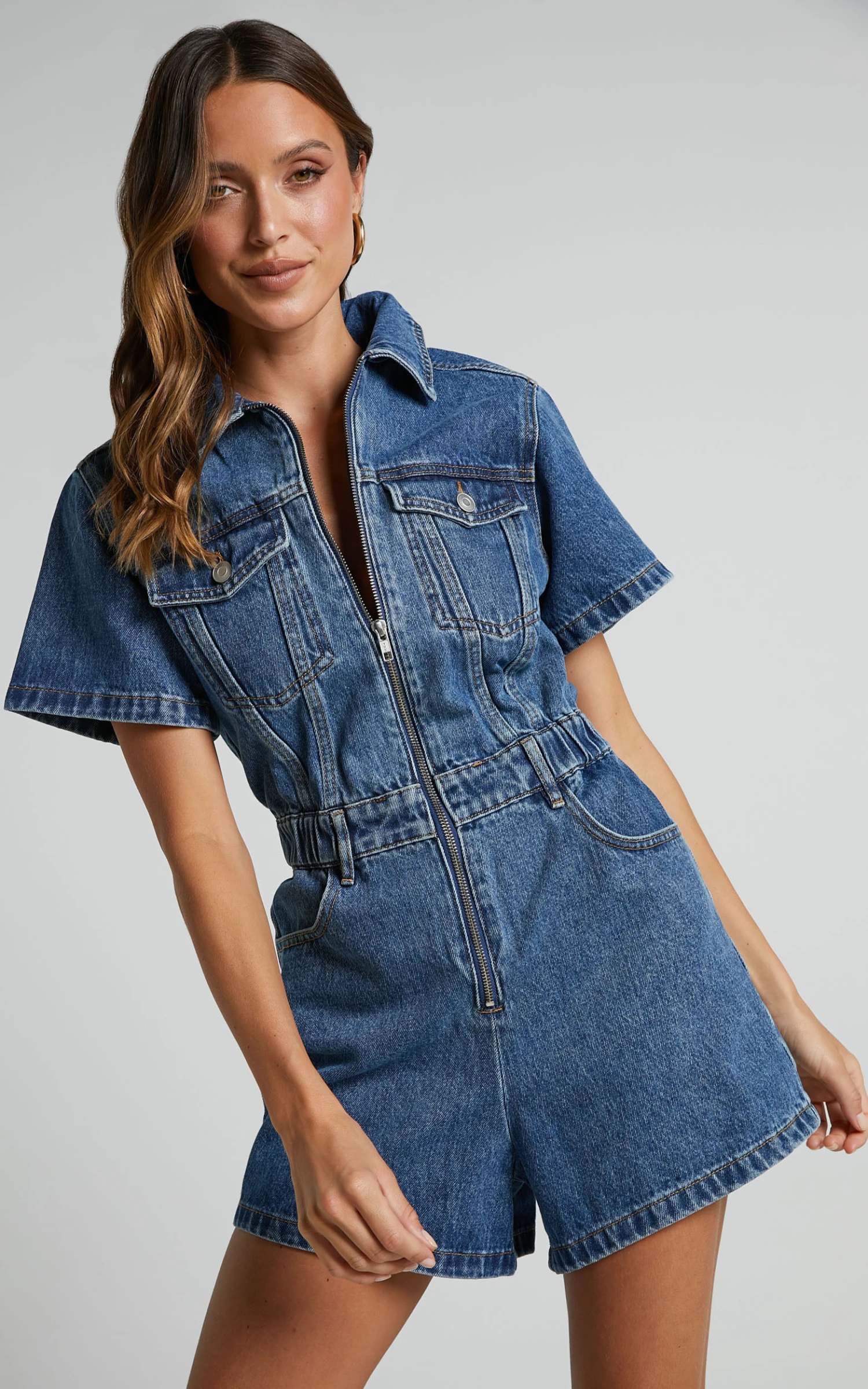 Showpo Mauriel Playsuit - Recycled Cotton Utility Playsuit In Dark Blue 6 Showpo Mauriel Playsuit - Recycled Cotton Utility Playsuit In Dark Blue - Image 6