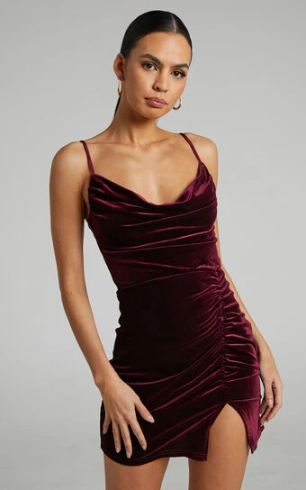 Showpo Maybelyn Velvet Ruched Cowl Neck Mini Dress In Burgundy 1 Showpo Maybelyn Velvet Ruched Cowl Neck Mini Dress In Burgundy