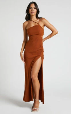 Showpo Medea One Shoulder Cut Out Maxi Dress In Rust