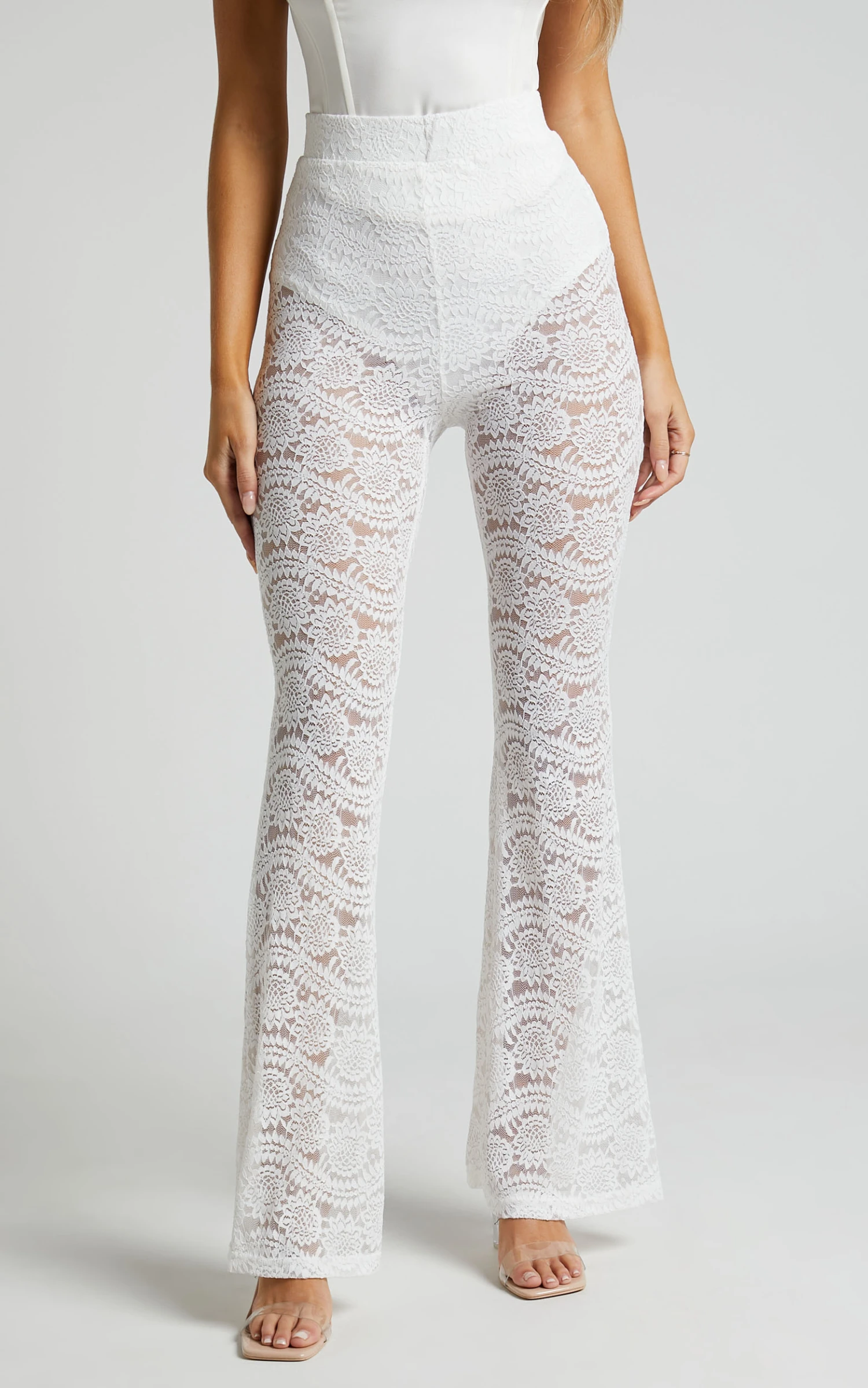 Showpo Mehca - High Waisted Lace Flared Pant In White 3 Showpo Mehca - High Waisted Lace Flared Pant In White - Image 3