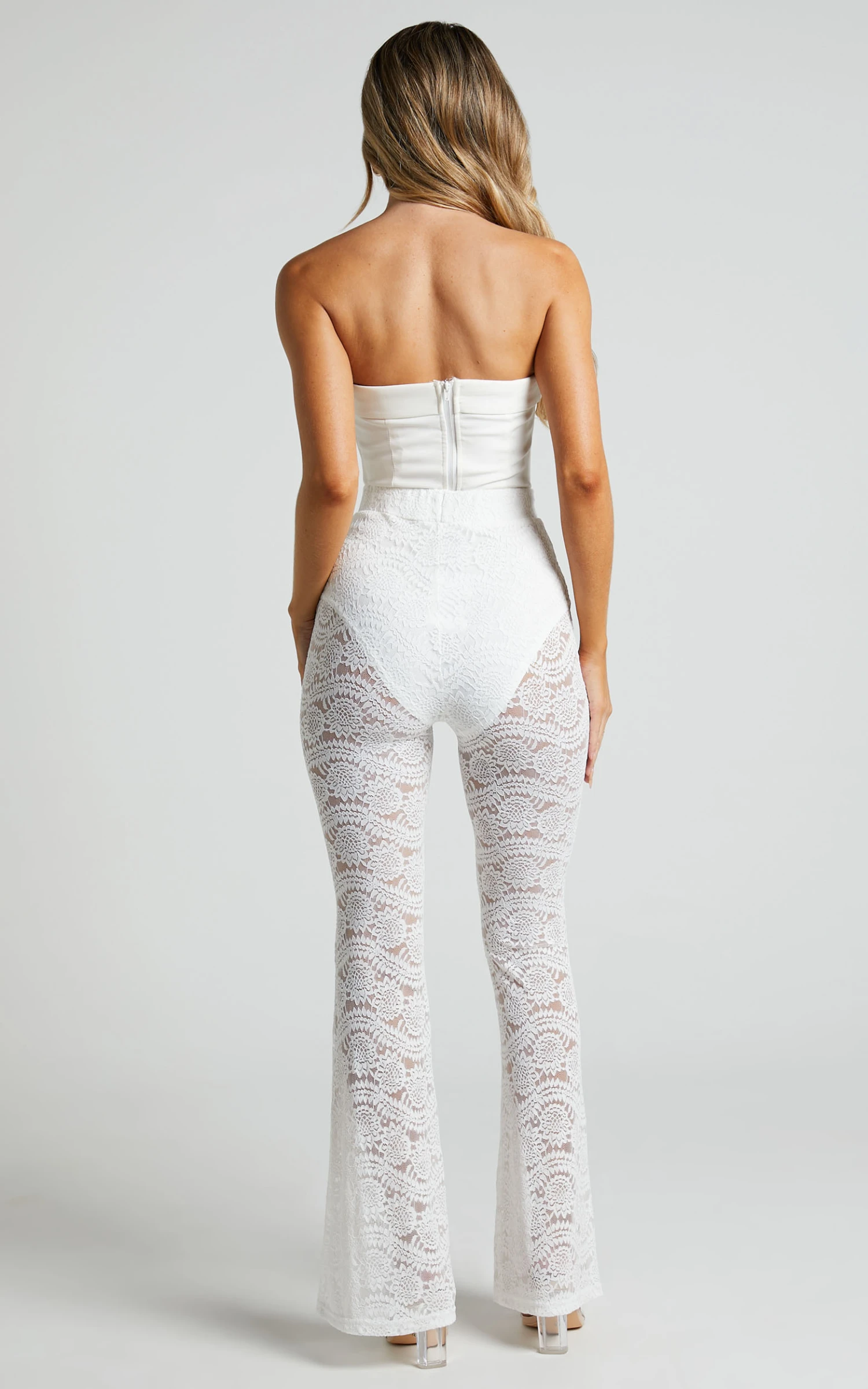 Showpo Mehca - High Waisted Lace Flared Pant In White 7 Showpo Mehca - High Waisted Lace Flared Pant In White - Image 7